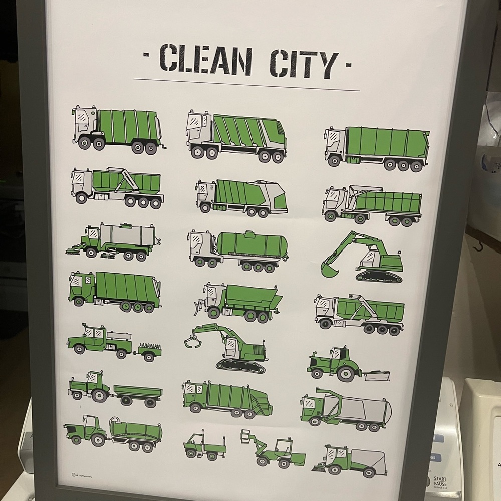 Custom frame (by AB) garbage / trash truck poster with matte and hanging wire
